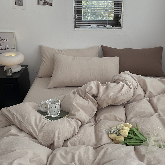 91家纺网 家纺一手货源 找家纺 2024新款A类全棉纯棉纯色双拼色织水洗棉四件套 卡其