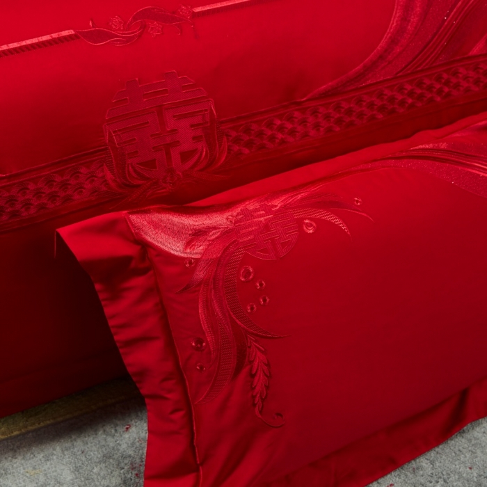 91家纺网 家纺一手货源 找家纺 美娘阁 2025新款长绒棉贡缎新中式古典韵味精美刺绣婚庆四件套多件套系列 缘定三生（红）