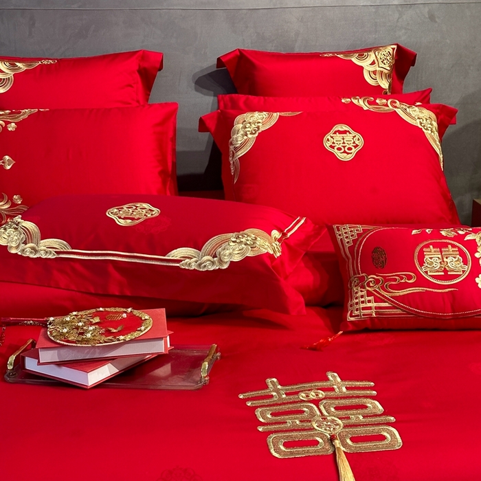 91家纺网 家纺一手货源 找家纺 美娘阁 2025新款长绒棉贡缎提花款新中式古典韵味精美刺绣婚庆四件套多件套 花开并蒂(金）