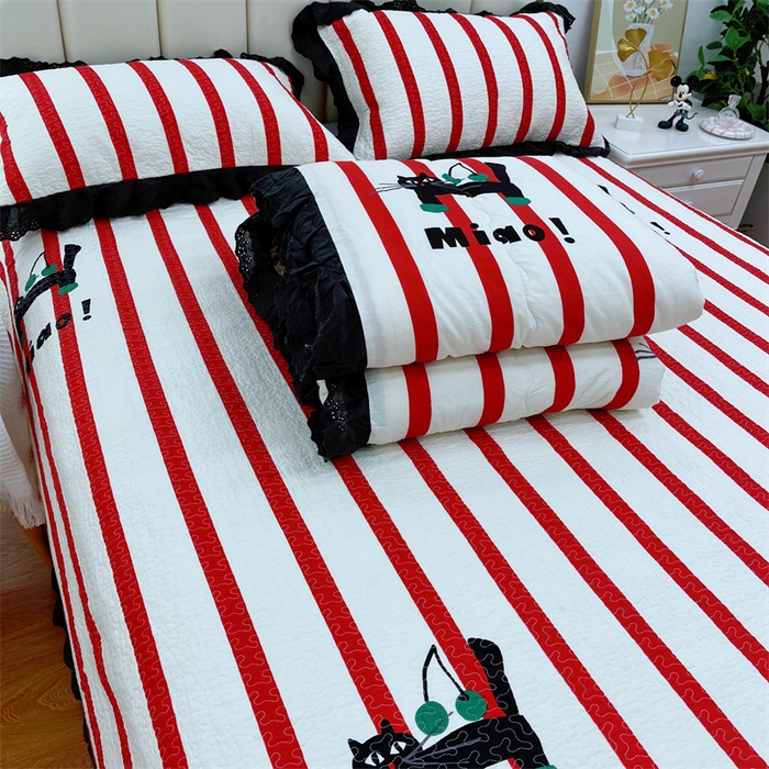 91家纺网 家纺一手货源 找家纺 暖居 2024新款豆豆被四件套棉花床盖三件套四季通用条纹猫