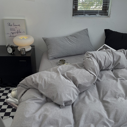 2024新款A类全棉纯棉纯色双拼色织水洗棉四件套 浅灰色