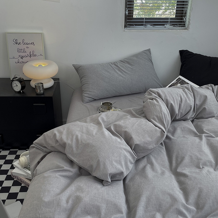 91家纺网 家纺一手货源 找家纺 2024新款A类全棉纯棉纯色双拼色织水洗棉四件套 浅灰色