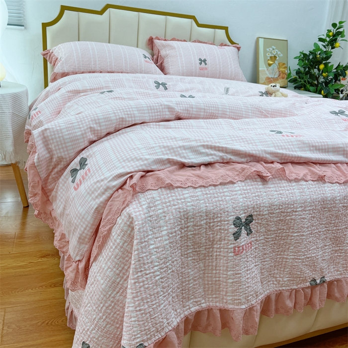 91家纺网 家纺一手货源 找家纺 暖居 2024新款砂洗棉花被套全棉床盖四件套绗缝夹棉纯棉床盖三件套蝴蝶结