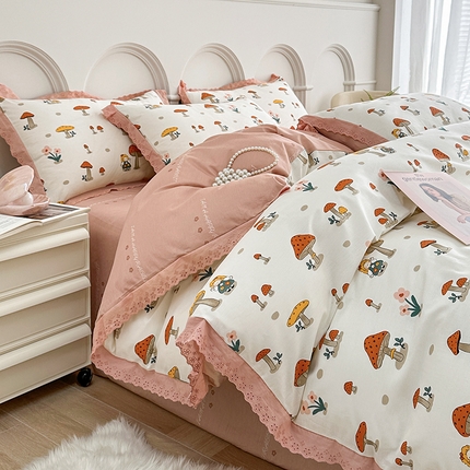 91家纺网 家纺一手货源 找家纺 （总）宇彬家纺 2024直播新款13372全棉纯棉韩版刺绣花边和印花花边床单床笠款四件套和单被套喷气清新