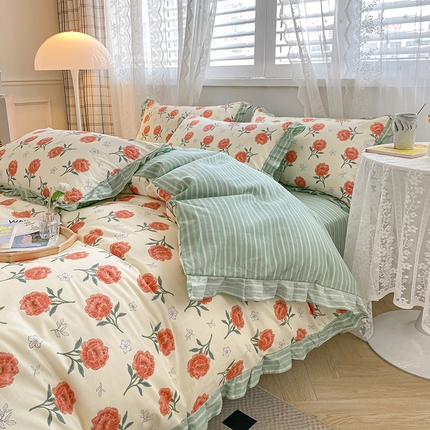 宇彬家纺 2024直播新款13372全棉纯棉韩版刺绣花边和印花花边床单床笠款四件套和单被套喷气清新 印花花边-浅尝春色