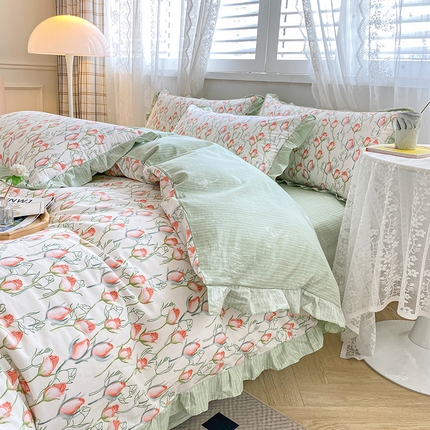 91家纺网 家纺一手货源 找家纺 宇彬家纺 2024直播新款13372全棉纯棉韩版刺绣花边和印花花边床单床笠款四件套和单被套喷气清新 印花花边-南茜花园