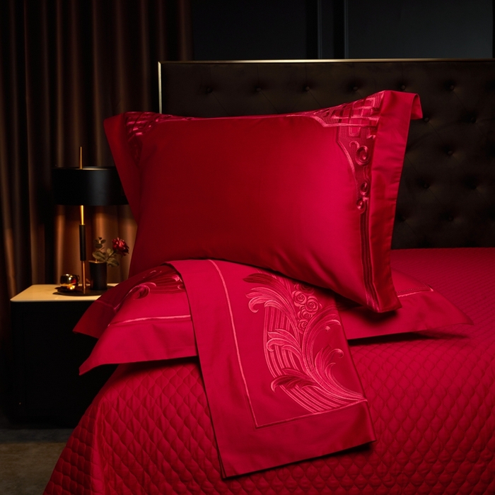 91家纺网 家纺一手货源 找家纺 美娘阁 2025新款长绒棉贡缎新中式古典韵味精美刺绣婚庆四件套多件套系列 玫瑰恋人（红）