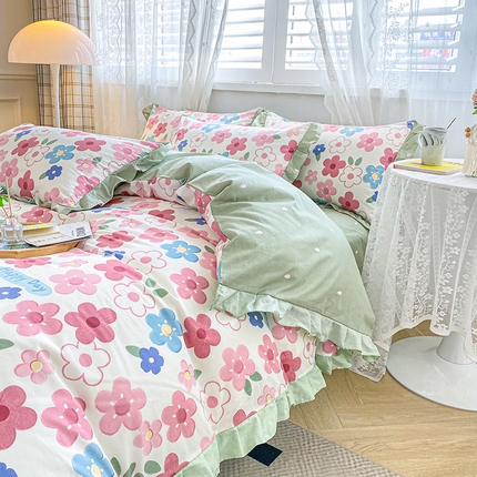 宇彬家纺 2024直播新款13372全棉纯棉韩版刺绣花边和印花花边床单床笠款四件套和单被套喷气清新 印花花边-花儿朵朵-粉