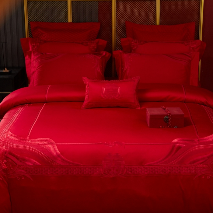 91家纺网 家纺一手货源 找家纺 美娘阁 2025新款长绒棉贡缎新中式古典韵味精美刺绣婚庆四件套多件套系列 缘定三生（红）