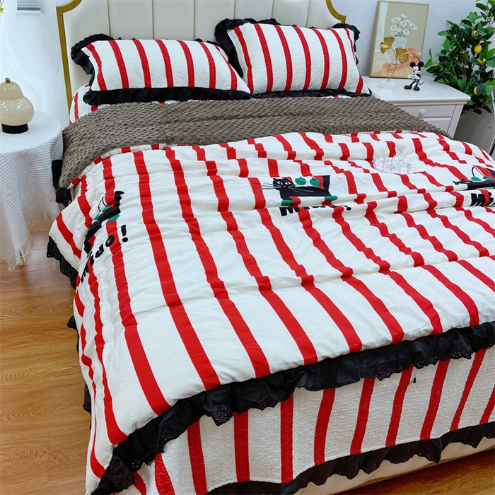 91家纺网 家纺一手货源 找家纺 暖居 2024新款豆豆被四件套棉花床盖三件套四季通用条纹猫