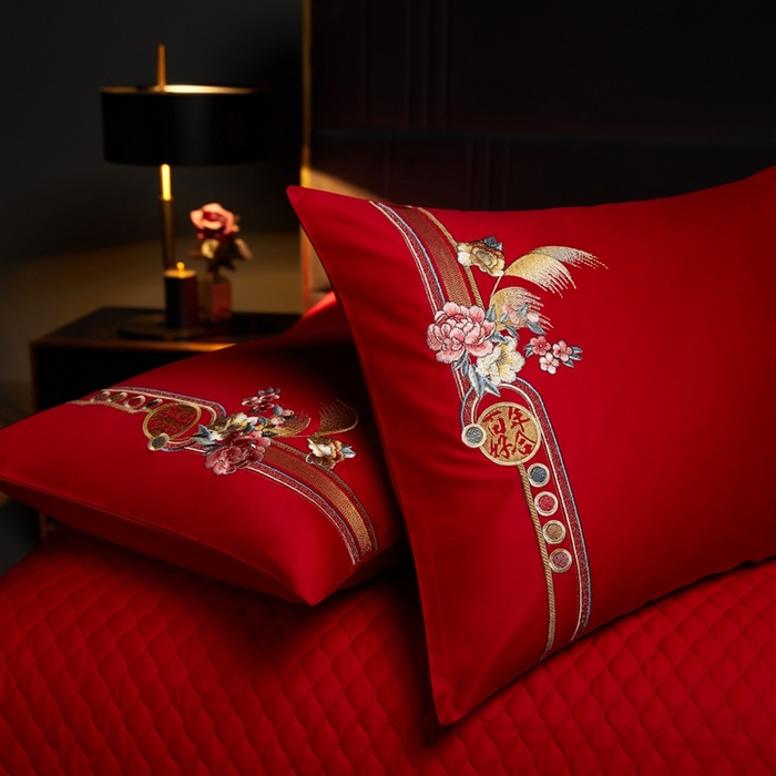 91家纺网 家纺一手货源 找家纺 美娘阁 2025新款长绒棉贡缎新中式古典韵味精美刺绣婚庆四件套多件套系列 九五至尊