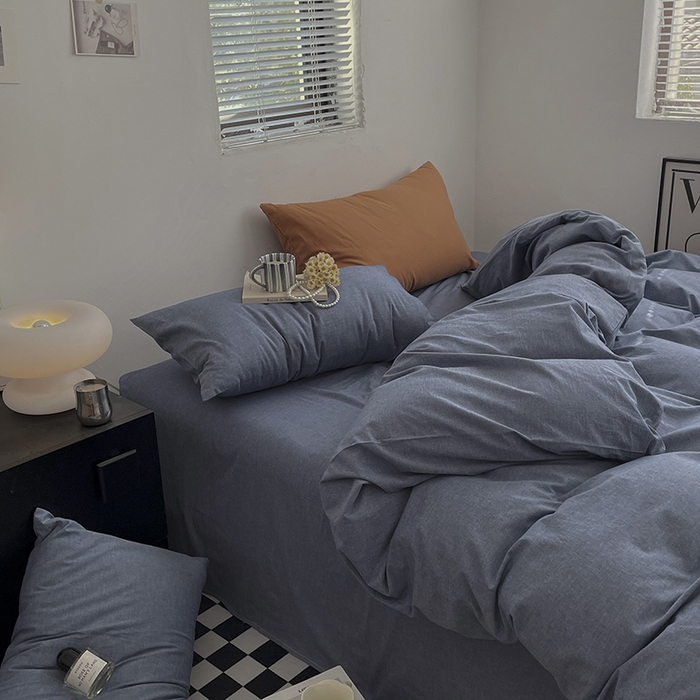 91家纺网 家纺一手货源 找家纺 2024新款A类全棉纯棉纯色双拼色织水洗棉四件套 牛仔蓝