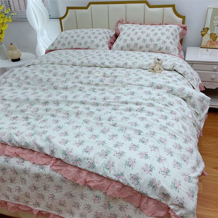 91家纺网 家纺一手货源 找家纺 暖居 2024新款砂洗棉花被套全棉床盖四件套绗缝夹棉纯棉床盖三件套茉莉