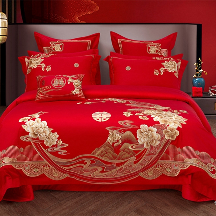 91家纺网 家纺一手货源 找家纺 美娘阁 2025新款长绒棉贡缎提花款新中式古典韵味精美刺绣婚庆四件套多件套 花香四溢（金）