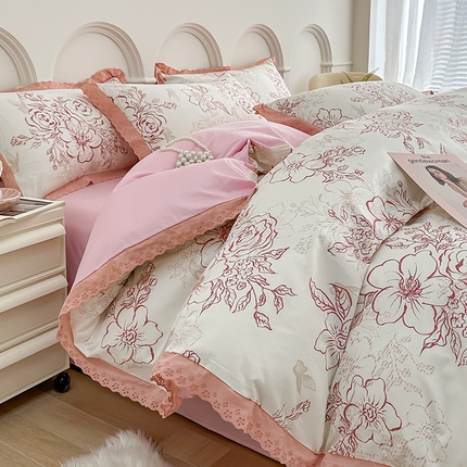 91家纺网 家纺一手货源 找家纺 宇彬家纺 2024直播新款13372全棉纯棉韩版刺绣花边和印花花边床单床笠款四件套和单被套喷气清新 刺绣花边-东方国潮