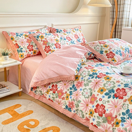 宇彬家纺 2024直播新款13372全棉纯棉韩版刺绣花边和印花花边床单床笠款四件套和单被套喷气清新 刺绣花边-米兰春天