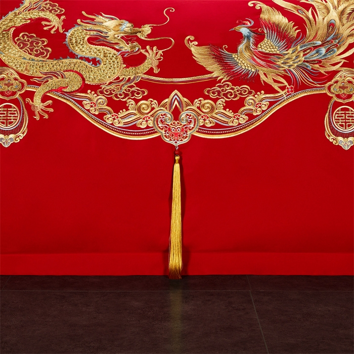 91家纺网 家纺一手货源 找家纺 美娘阁 2025新款长绒棉贡缎新中式古典韵味精美刺绣婚庆四件套多件套系列 龙凤喜事