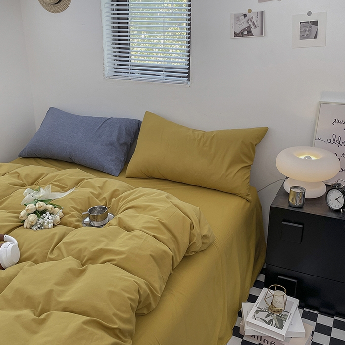 91家纺网 家纺一手货源 找家纺 2024新款A类全棉纯棉纯色双拼色织水洗棉四件套 姜黄色