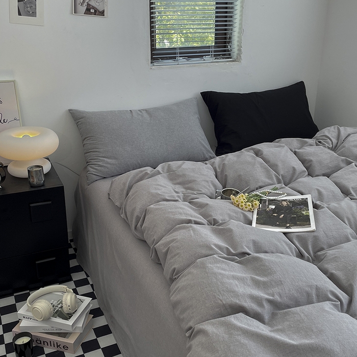 91家纺网 家纺一手货源 找家纺 2024新款A类全棉纯棉纯色双拼色织水洗棉四件套 浅灰色