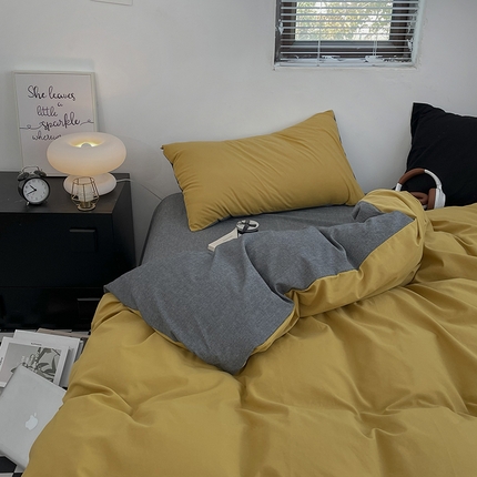 2024新款A类全棉纯棉纯色双拼色织水洗棉四件套 姜黄拼深灰
