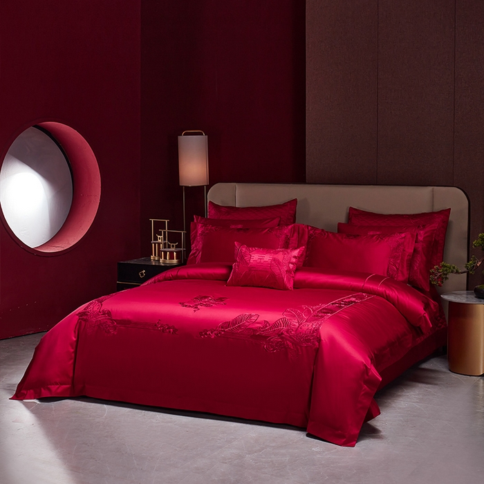 91家纺网 家纺一手货源 找家纺 美娘阁 2025新款长绒棉贡缎新中式古典韵味精美刺绣婚庆四件套多件套系列 家大业大（酒红色）