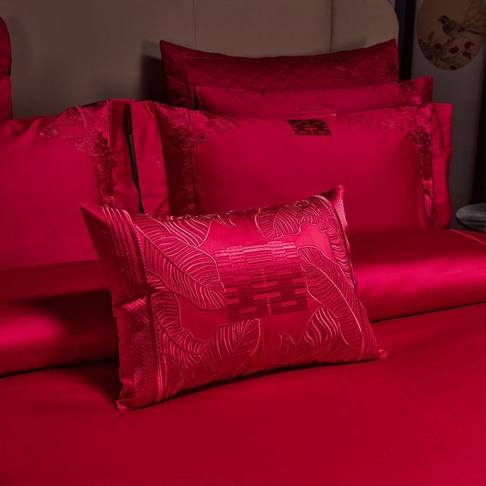 91家纺网 家纺一手货源 找家纺 美娘阁 2025新款长绒棉贡缎新中式古典韵味精美刺绣婚庆四件套多件套系列 家大业大（酒红色）