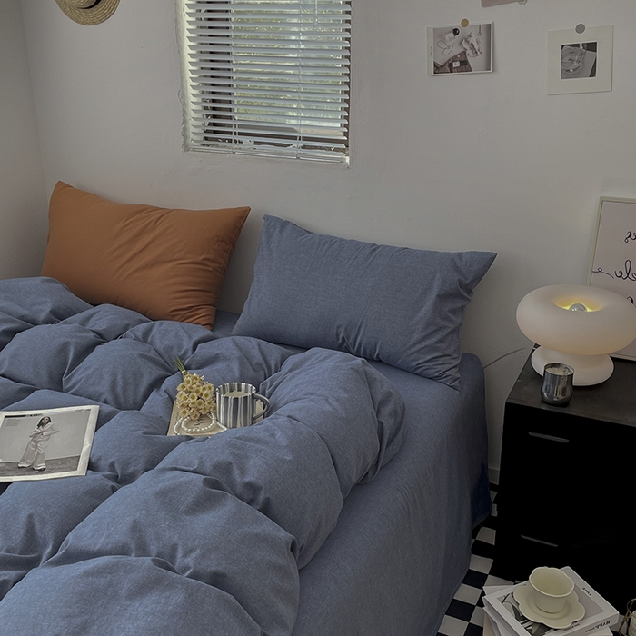 91家纺网 家纺一手货源 找家纺 2024新款A类全棉纯棉纯色双拼色织水洗棉四件套 牛仔蓝