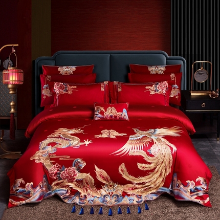 91家纺网 家纺一手货源 找家纺 （总）美娘阁 2025新款长绒棉贡缎提花款新中式古典韵味精美刺绣婚庆四件套多件套