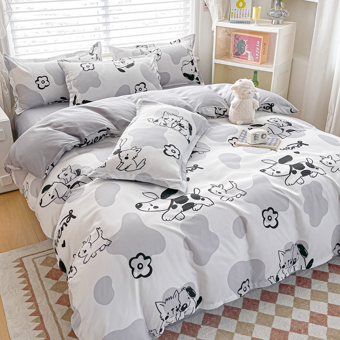 91家纺网 家纺一手货源 找家纺 楠沐家纺 （套件）2025新款亲肤芦荟棉美棉磨毛印花四件套(第二批) 牛奶大耳狗