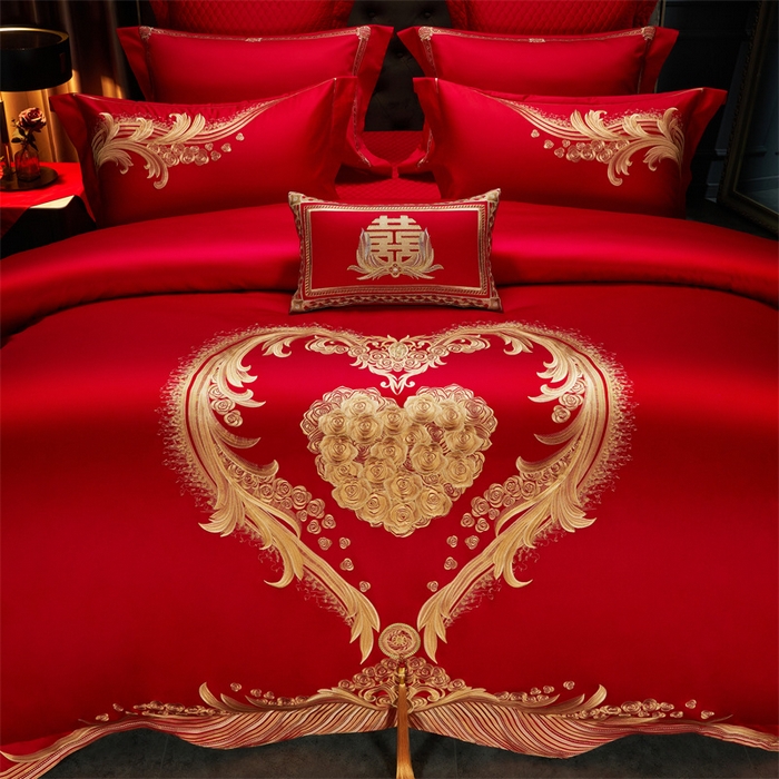 91家纺网 家纺一手货源 找家纺 美娘阁 2025新款长绒棉贡缎新中式古典韵味精美刺绣婚庆四件套多件套系列 玫瑰恋人（金）