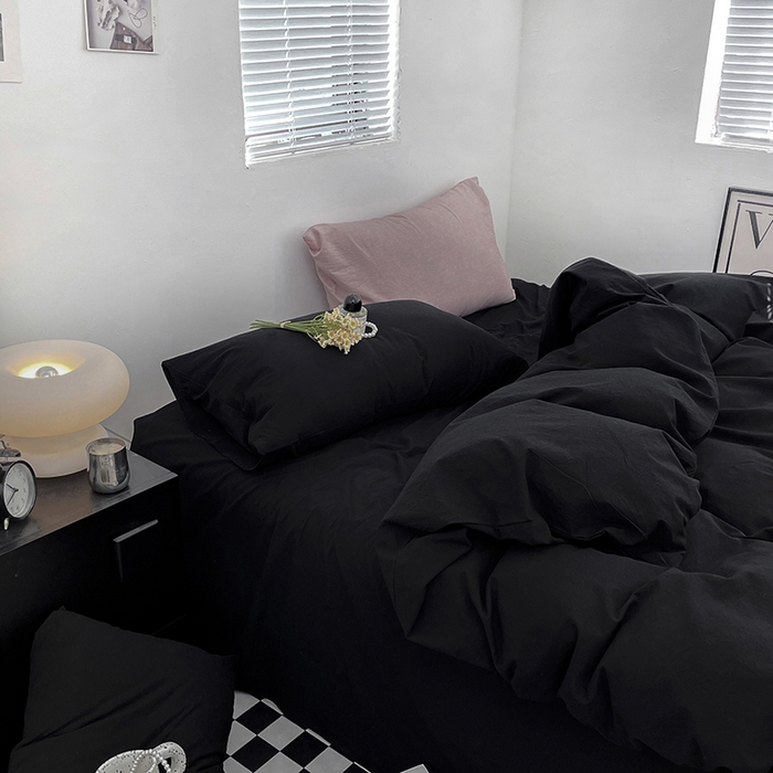 91家纺网 家纺一手货源 找家纺 2024新款A类全棉纯棉纯色双拼色织水洗棉四件套 黑色