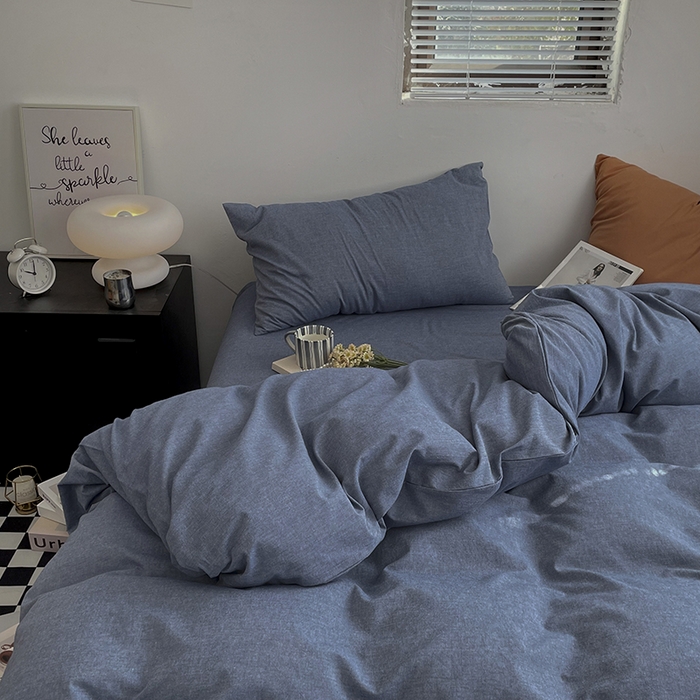 91家纺网 家纺一手货源 找家纺 2024新款A类全棉纯棉纯色双拼色织水洗棉四件套 牛仔蓝