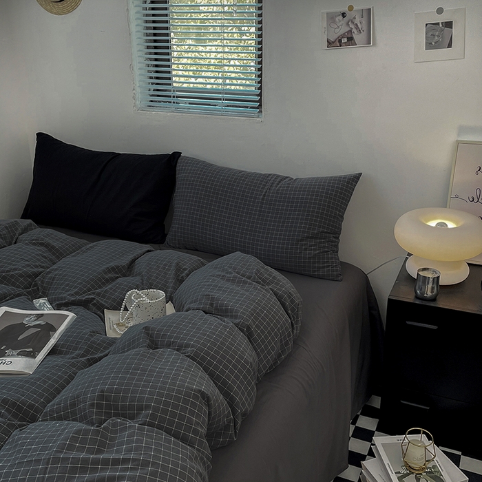 91家纺网 家纺一手货源 找家纺 2024新款A类全棉纯棉纯色双拼色织水洗棉四件套 小灰格