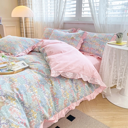 91家纺网 家纺一手货源 找家纺 宇彬家纺 2024直播新款13372全棉纯棉韩版刺绣花边和印花花边床单床笠款四件套和单被套喷气清新 印花花边-秋日花圃