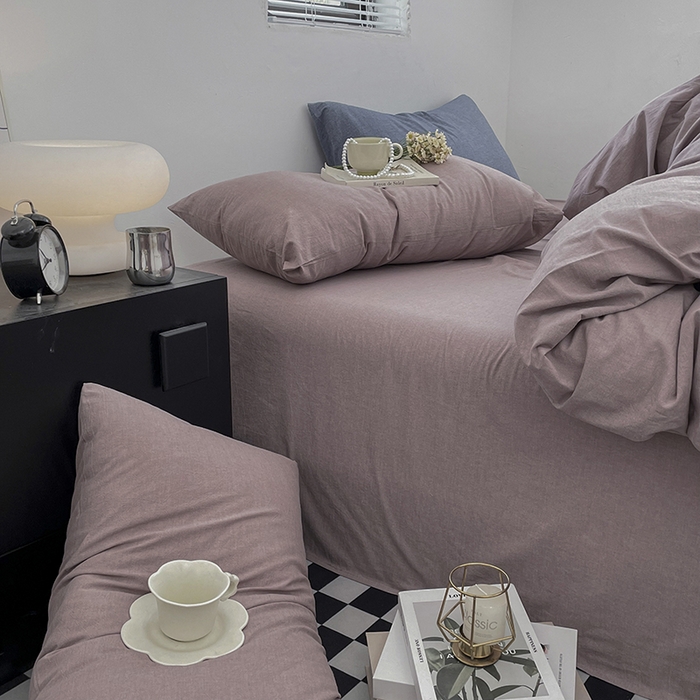 91家纺网 家纺一手货源 找家纺 2024新款A类全棉纯棉纯色双拼色织水洗棉四件套 豆沙色