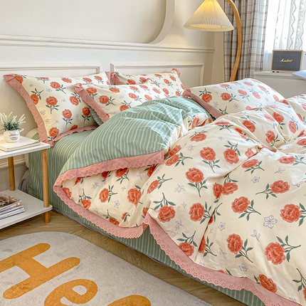 91家纺网 家纺一手货源 找家纺 （总）宇彬家纺 2024直播新款13372全棉纯棉韩版刺绣花边和印花花边床单床笠款四件套和单被套喷气清新