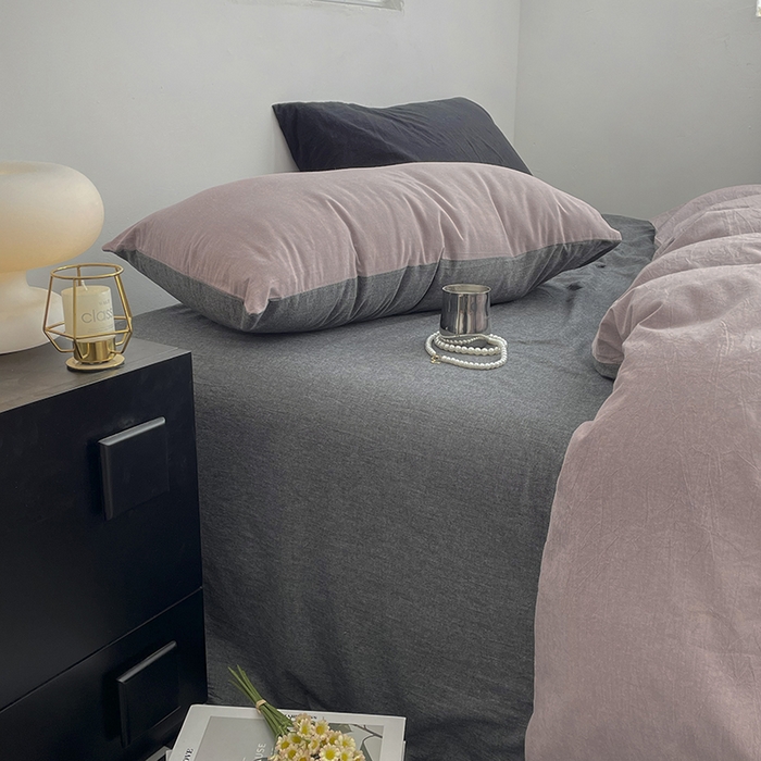 91家纺网 家纺一手货源 找家纺 2024新款A类全棉纯棉纯色双拼色织水洗棉四件套 豆沙拼深灰