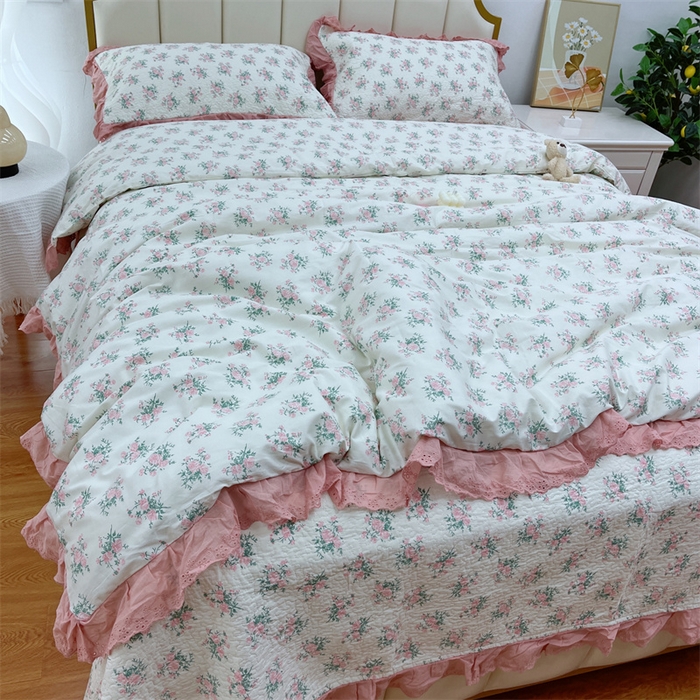 91家纺网 家纺一手货源 找家纺 暖居 2024新款砂洗棉花被套全棉床盖四件套绗缝夹棉纯棉床盖三件套茉莉