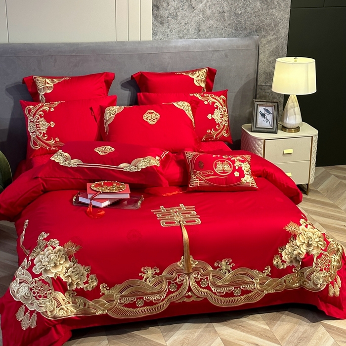 91家纺网 家纺一手货源 找家纺 美娘阁 2025新款长绒棉贡缎提花款新中式古典韵味精美刺绣婚庆四件套多件套 花开并蒂(金）