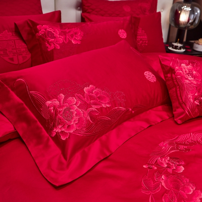 91家纺网 家纺一手货源 找家纺 美娘阁 2025新款长绒棉贡缎新中式古典韵味精美刺绣婚庆四件套多件套系列 全心全意