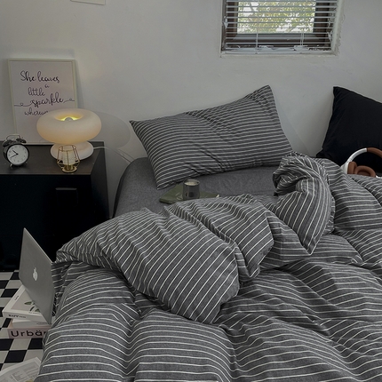 2024新款A类全棉纯棉纯色双拼色织水洗棉四件套 灰细条