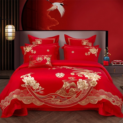 美娘阁 2025新款长绒棉贡缎提花款新中式古典韵味精美刺绣婚庆四件套多件套 花香四溢（金）