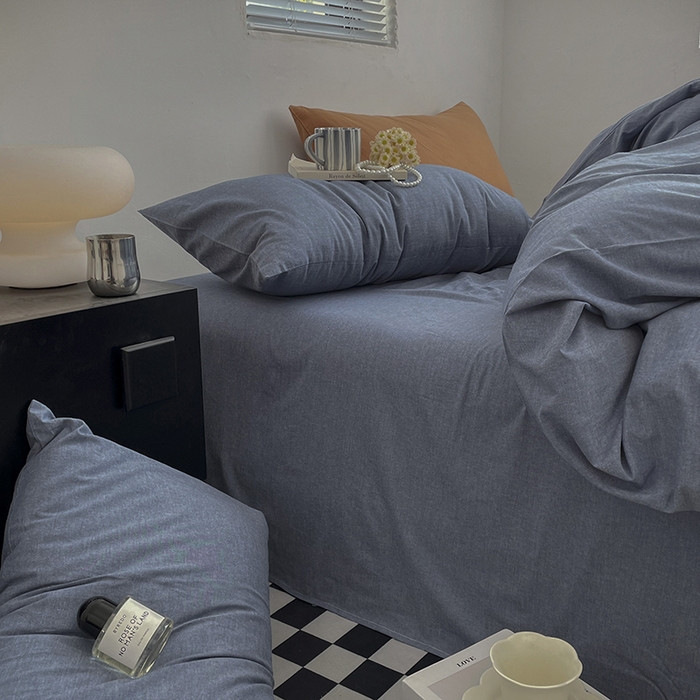 91家纺网 家纺一手货源 找家纺 2024新款A类全棉纯棉纯色双拼色织水洗棉四件套 牛仔蓝