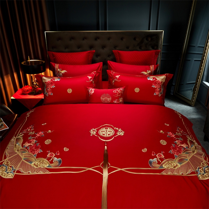 91家纺网 家纺一手货源 找家纺 美娘阁 2025新款长绒棉贡缎新中式古典韵味精美刺绣婚庆四件套多件套系列 相伴一生