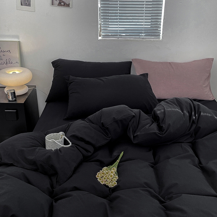 91家纺网 家纺一手货源 找家纺 2024新款A类全棉纯棉纯色双拼色织水洗棉四件套 黑色