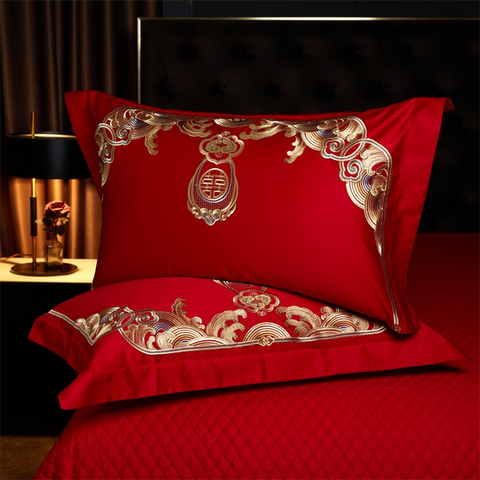 91家纺网 家纺一手货源 找家纺 美娘阁 2025新款长绒棉贡缎新中式古典韵味精美刺绣婚庆四件套多件套系列 龙凤喜事