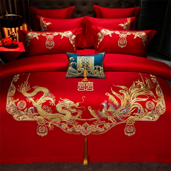 91家纺网 家纺一手货源 找家纺 美娘阁 2025新款长绒棉贡缎新中式古典韵味精美刺绣婚庆四件套多件套系列 龙凤喜事