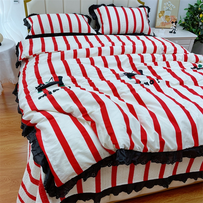 91家纺网 家纺一手货源 找家纺 暖居 2024新款砂洗棉花被套全棉床盖四件套绗缝夹棉纯棉床盖三件套条纹猫