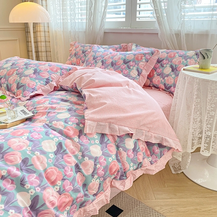 宇彬家纺 2024直播新款13372全棉纯棉韩版刺绣花边和印花花边床单床笠款四件套和单被套喷气清新 印花花边-花香丽影