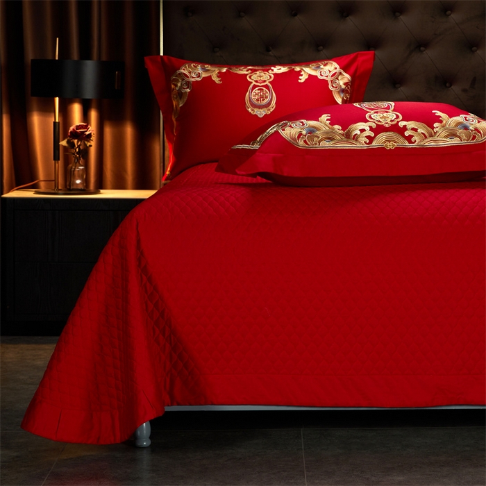 91家纺网 家纺一手货源 找家纺 美娘阁 2025新款长绒棉贡缎新中式古典韵味精美刺绣婚庆四件套多件套系列 龙凤喜事